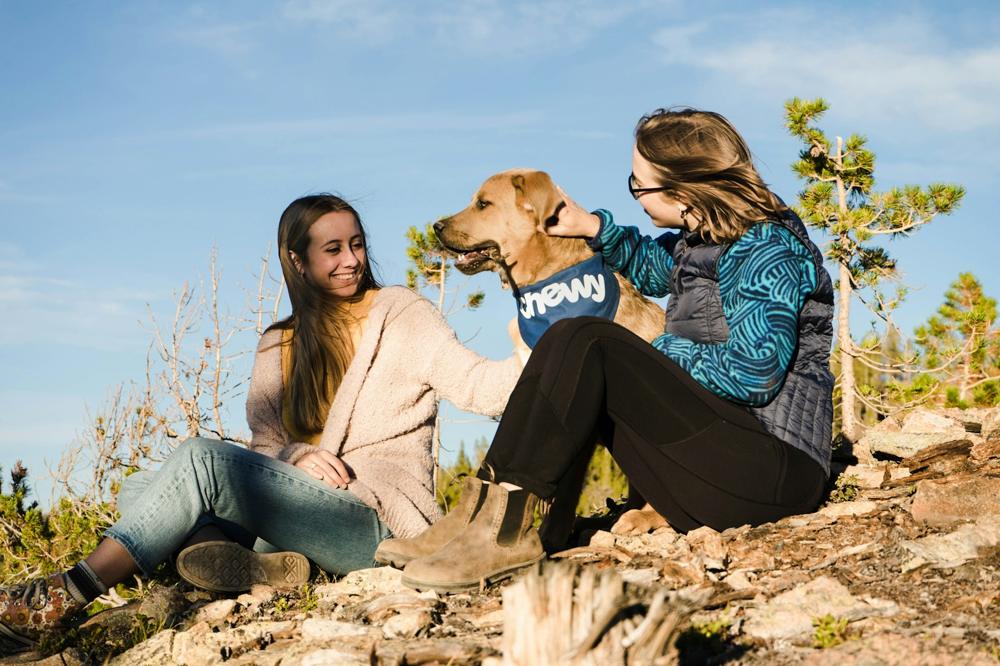A woman feeding her senior dog