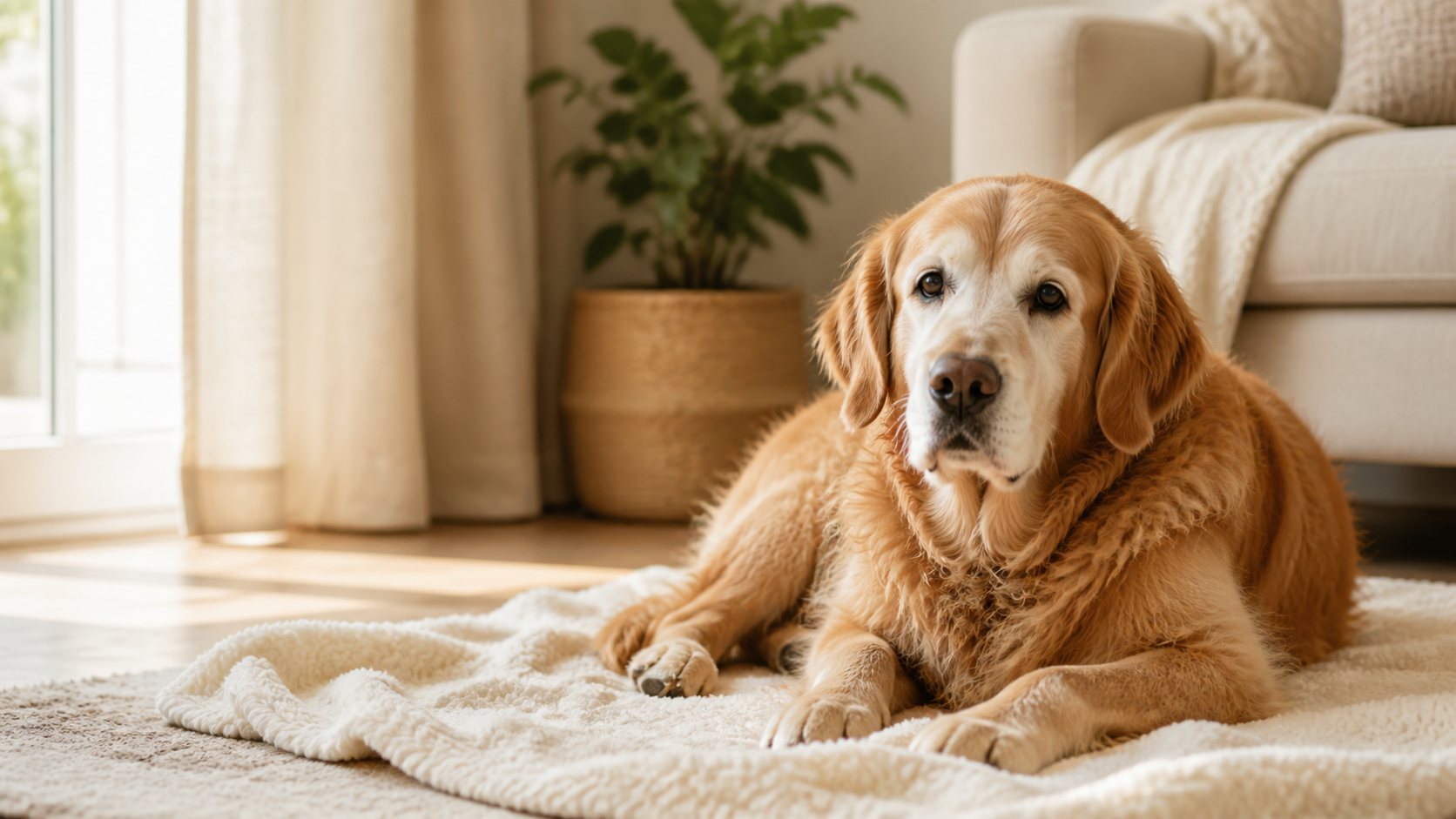 Senior golden retriever resting peacefully in a warm home