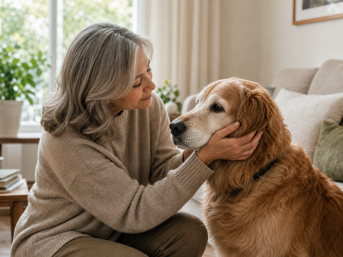 Owner gently holding a senior dog at home